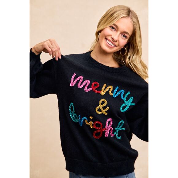 BiBi Black Holiday Christmas Tinsel Lettering Christmas Sweater NEW Medium - Picture 7 of 8